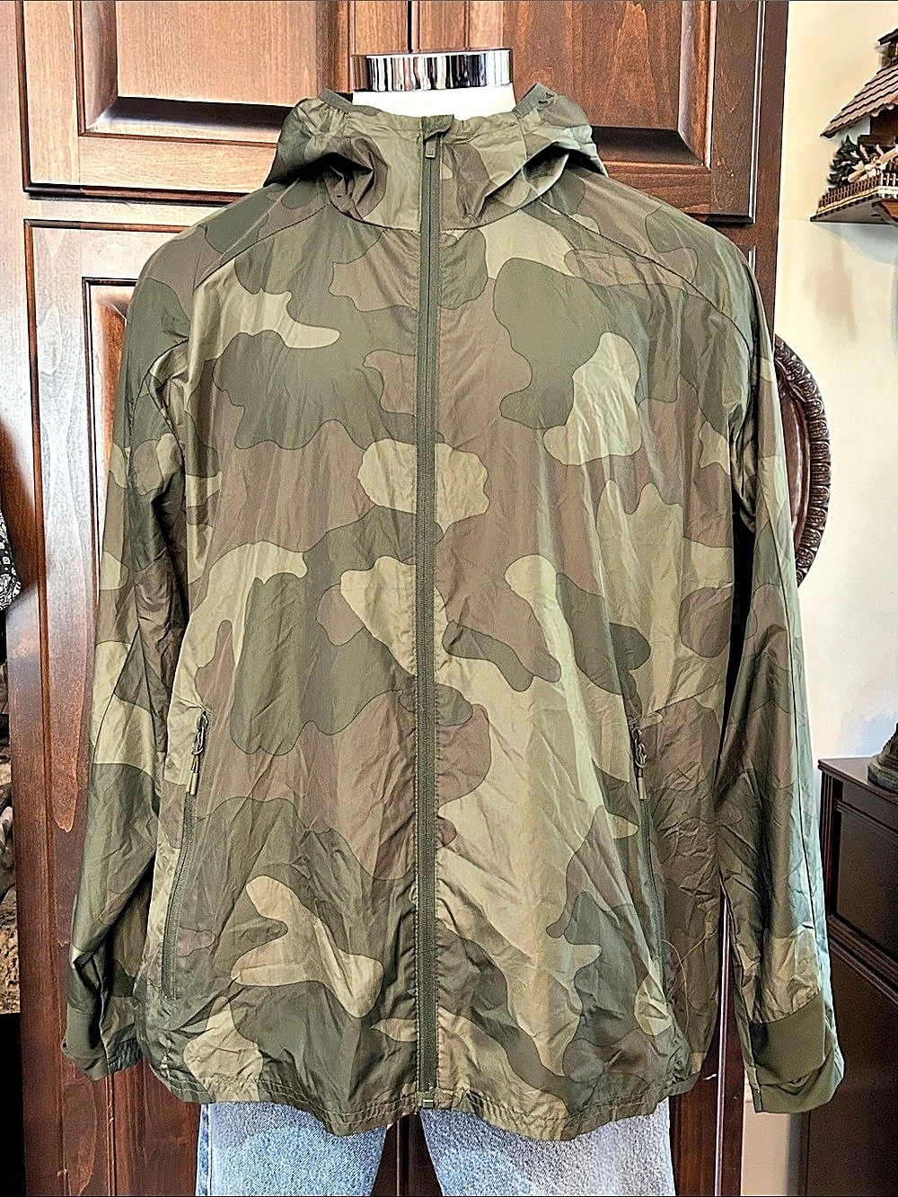 all in motion Men's Hooded Windbreaker Zip Front Jacket Camo Green & Brown XXL